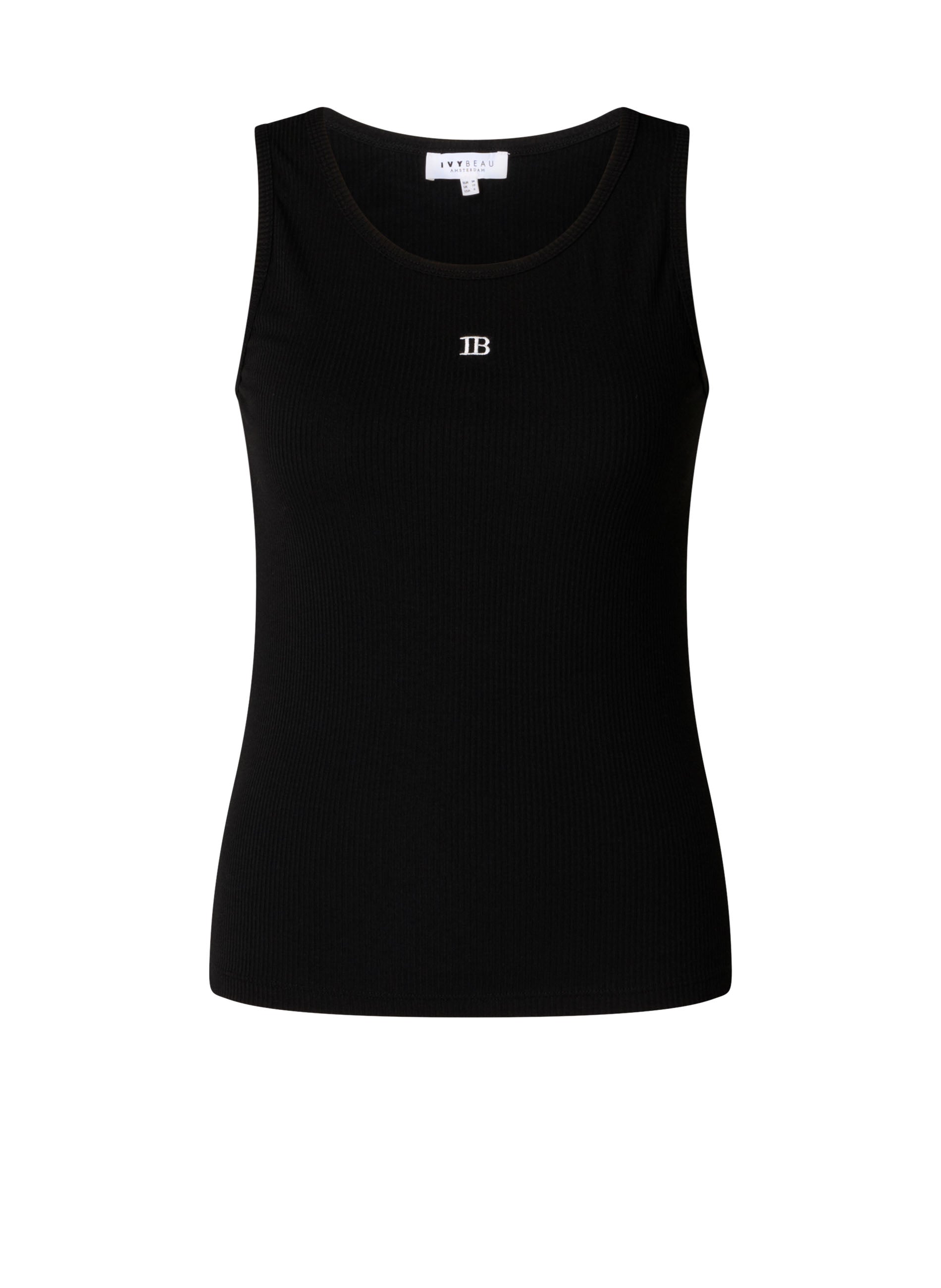 Zwarte mouwloze top met ronde hals en wit IB-logo op de borst