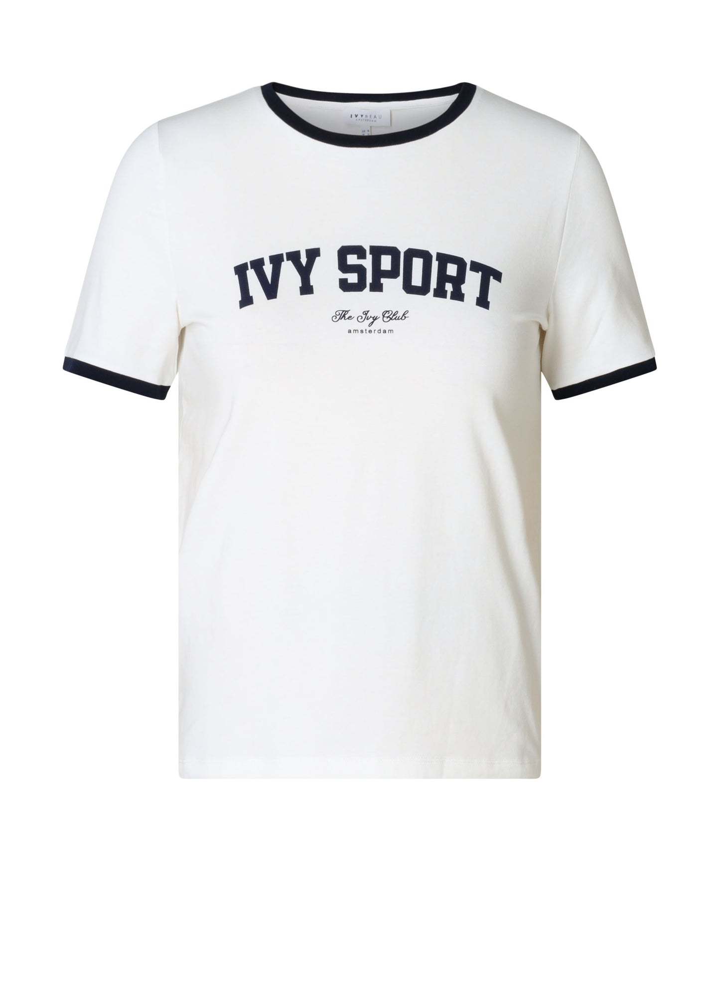 Wit T-shirt met navy bies bij de hals en Ivy Sport borstprint