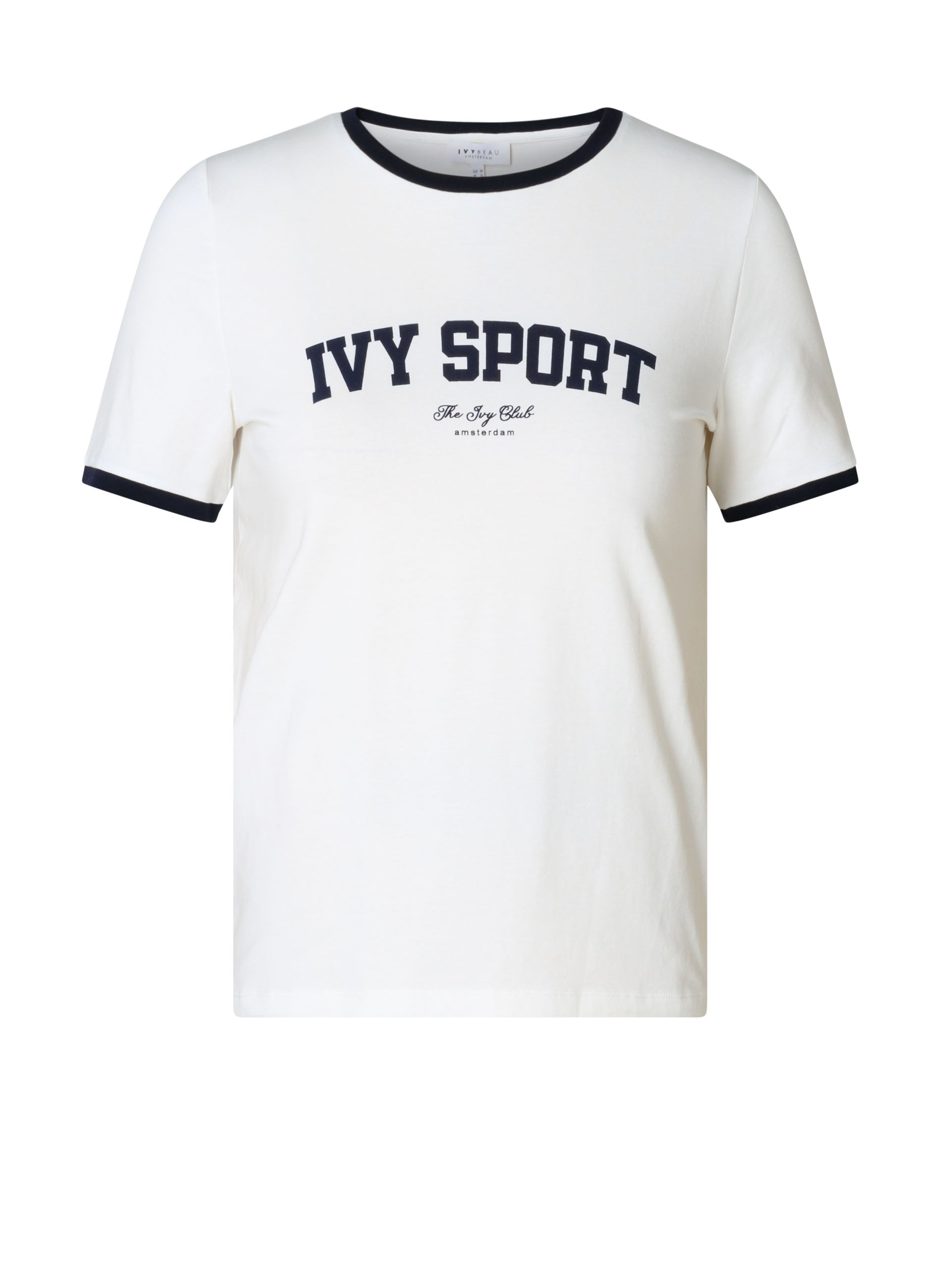 Wit T-shirt met navy bies bij de hals en Ivy Sport borstprint