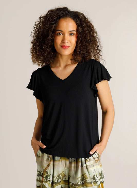 Ivy Beau t-shirt met V-hals en korte ruches mouwen, zwart