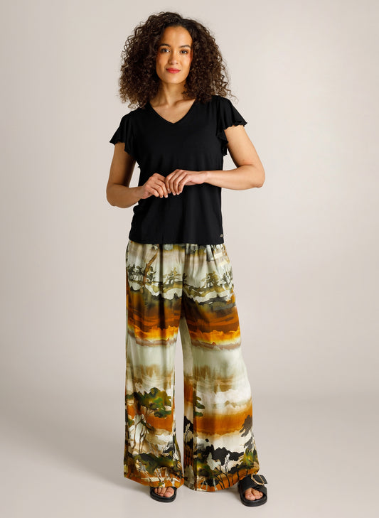 Zwart t-shirt met V-hals en ruffle mouwen