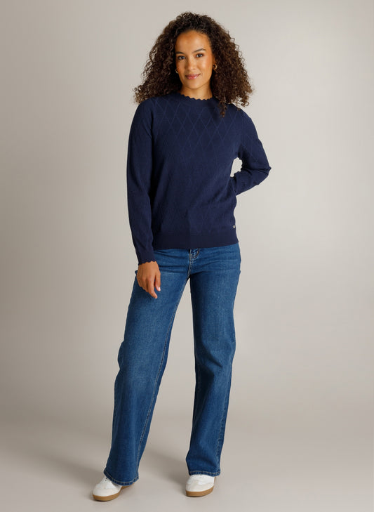 Ivy Beau trui Hiba donkerblauw met lange mouwen en ronde hals, getailleerde pasvorm