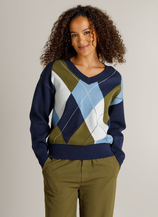 Ivy Beau trui Heidi met V-hals en ruitpatroon: donkerblauw, blauw, wit en olijfgroen