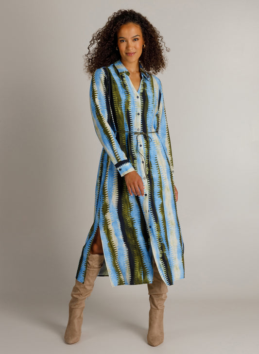 Lange jurk met blauwe en multikleur strepen, riem in de taille, lange mouwen