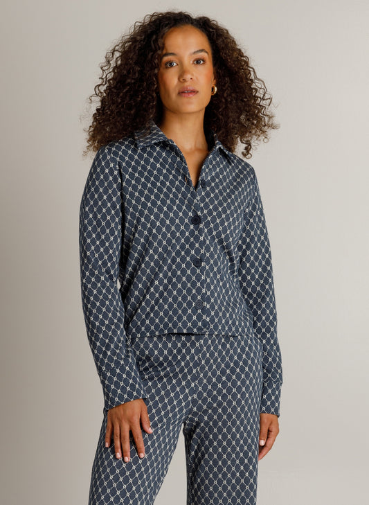 Jasje met ruitpatroon in donkerblauw en beige, knoopsluiting, lange mouwen en kraag