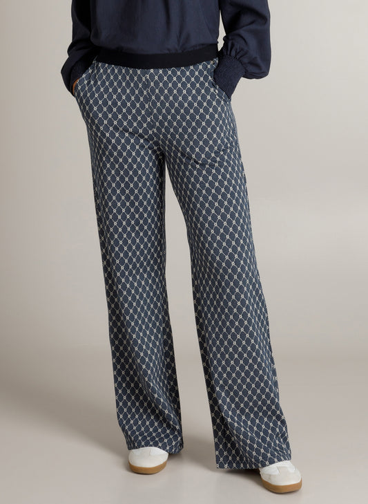 Wijde broek met elastische taille, donkerblauw met klein ruitpatroon