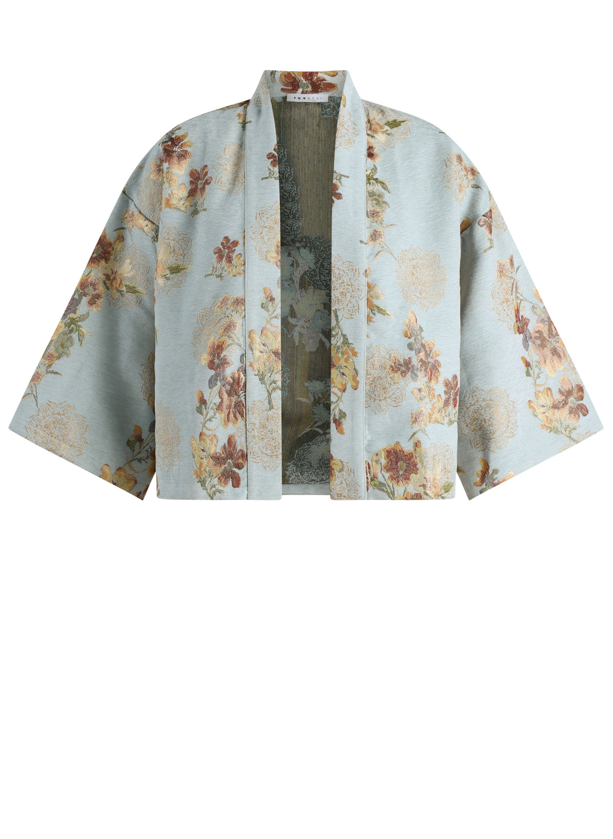 Vestjasje lichtblauw met bloemenprint, open voorpand en korte, wijde kimono-mouwen
