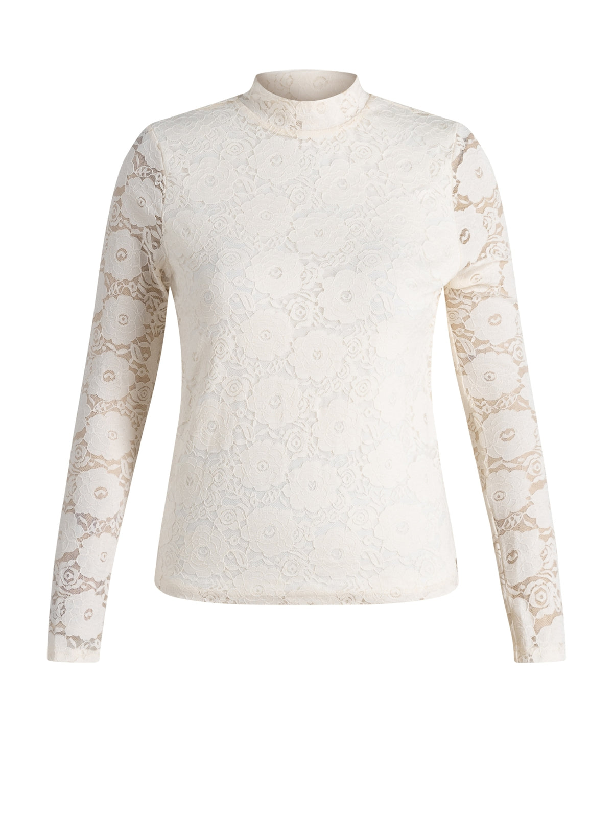 Offwhite kanten top met lange mouwen en opstaande ronde hals