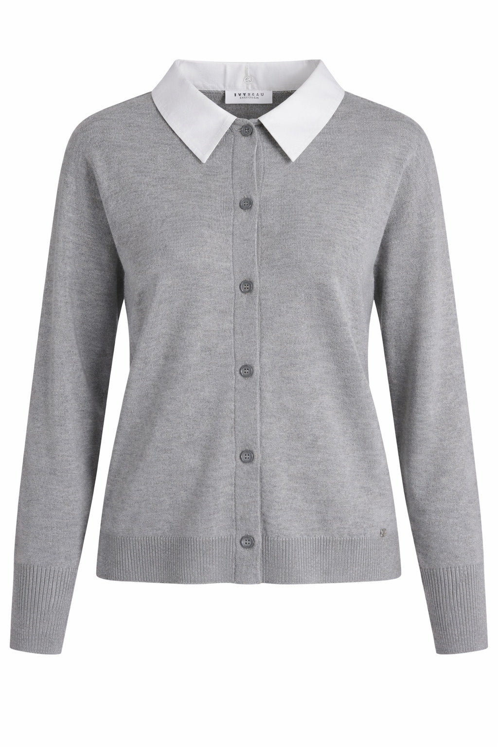 Lichtgrijze knit vest met knoopsluiting en witte kraag, lange mouwen