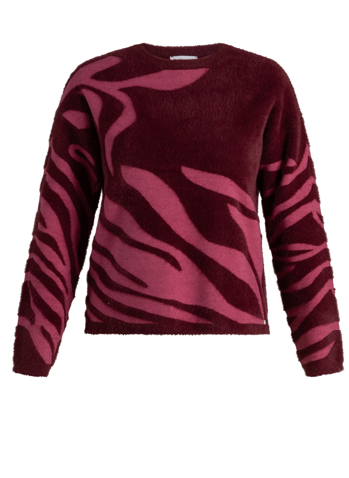 Donkerwijnrode trui met ronde hals en roze abstract zebrapatroon, lange mouwen.