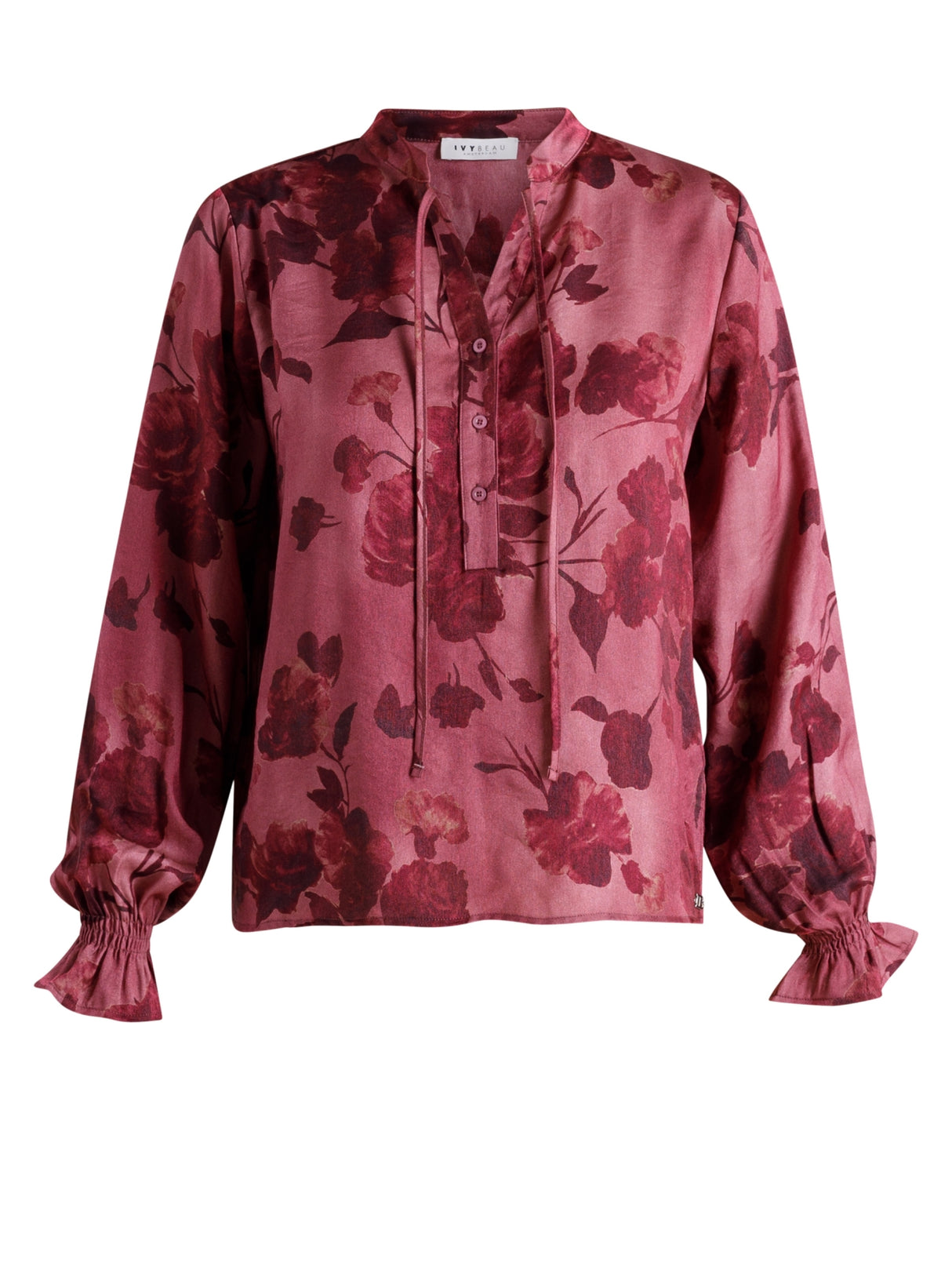 Roze bloemenprint blouse met knoopsluiting, ruffle-mouwen en strik aan de hals