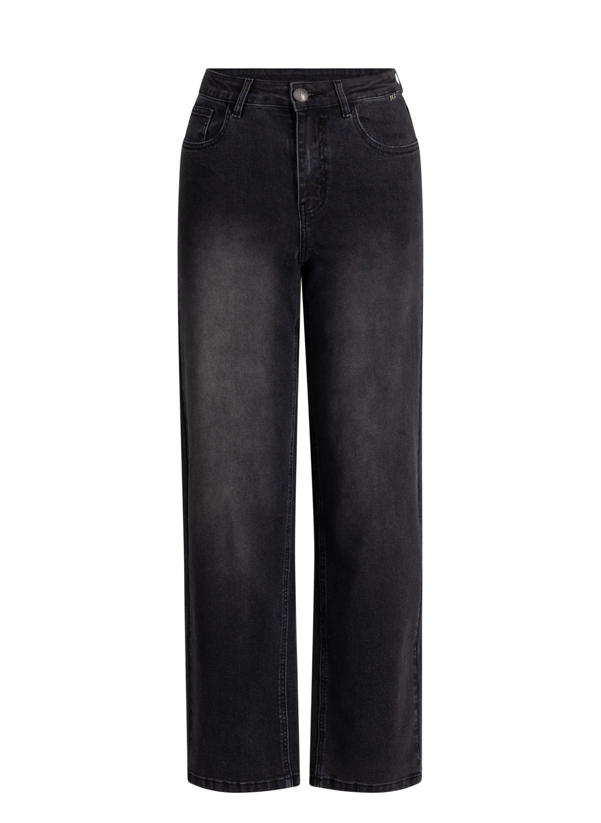 Zwarte jeans met hoge taille, knoop- en ritssluiting, rechte, wijde pijpen