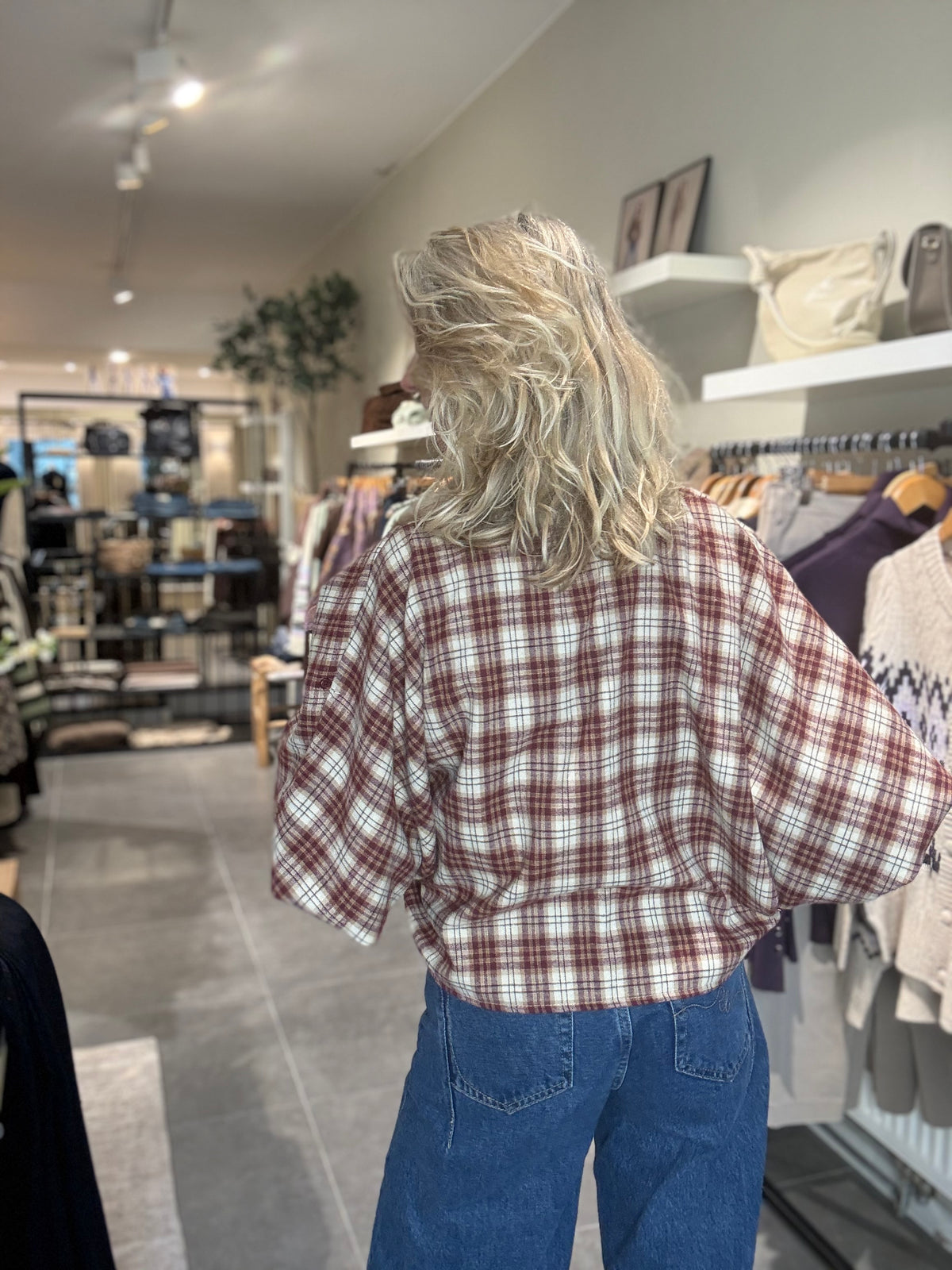 Savinni blouse Flanel ruit bordeaux/zand