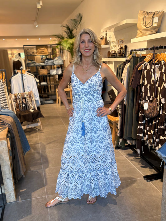 Blauw-witte HL Falena-jurk met spaghettibandjes en sierlijke kanten onderzoom