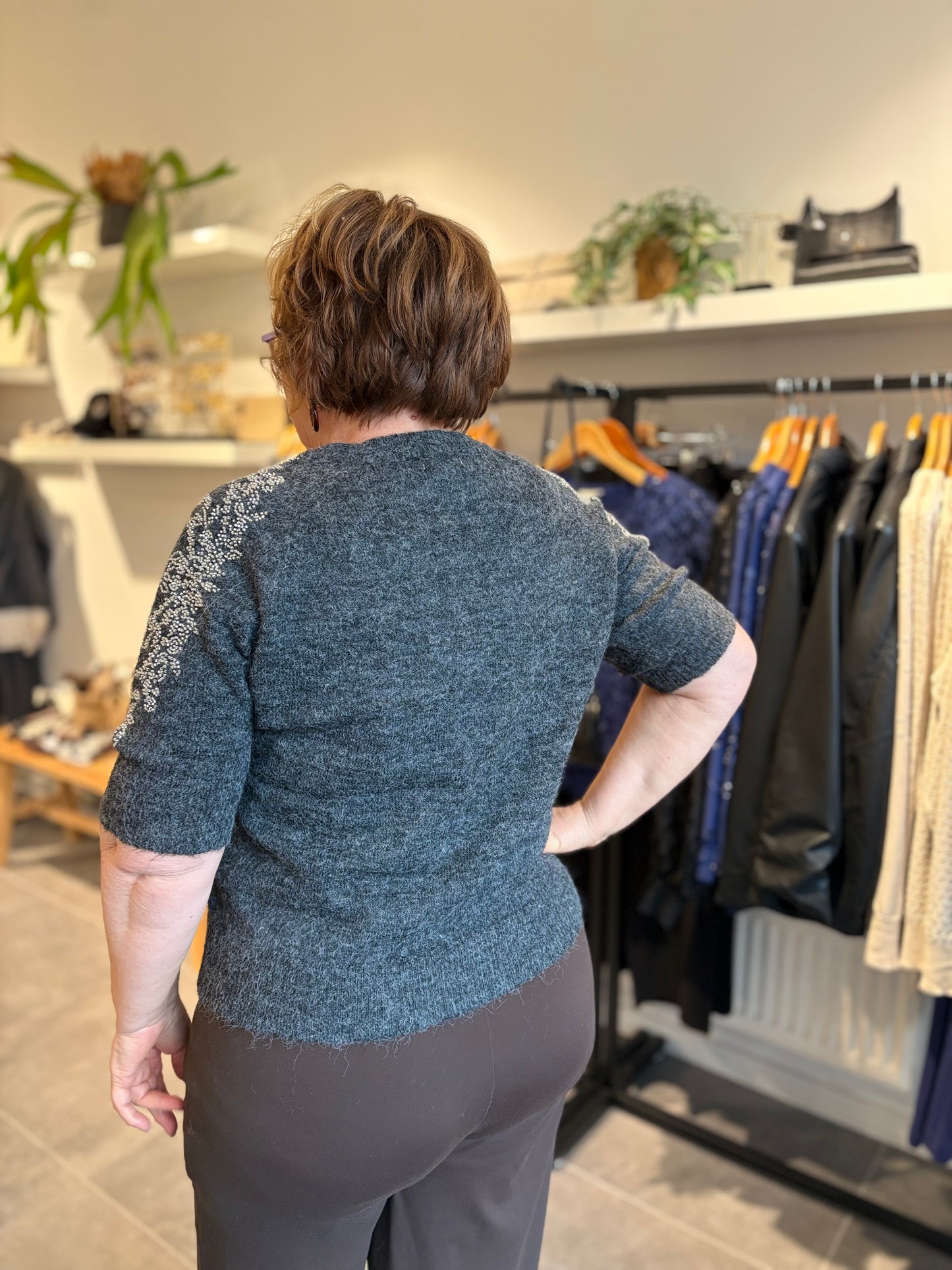 Moewy trui korte mouw/glitter grijs melange