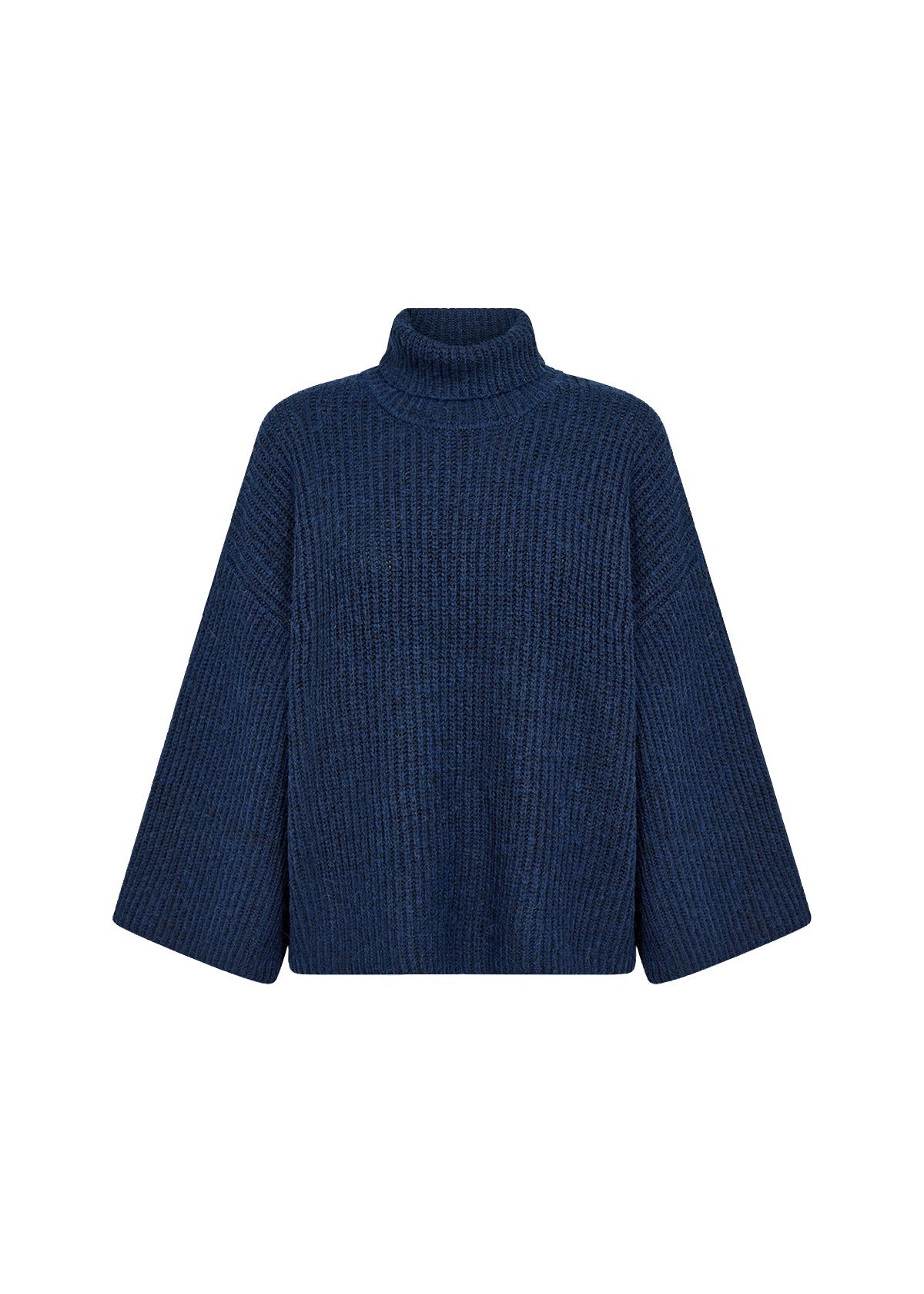 Donkerblauwe trui met opstaande kraag en wijde mouwen.