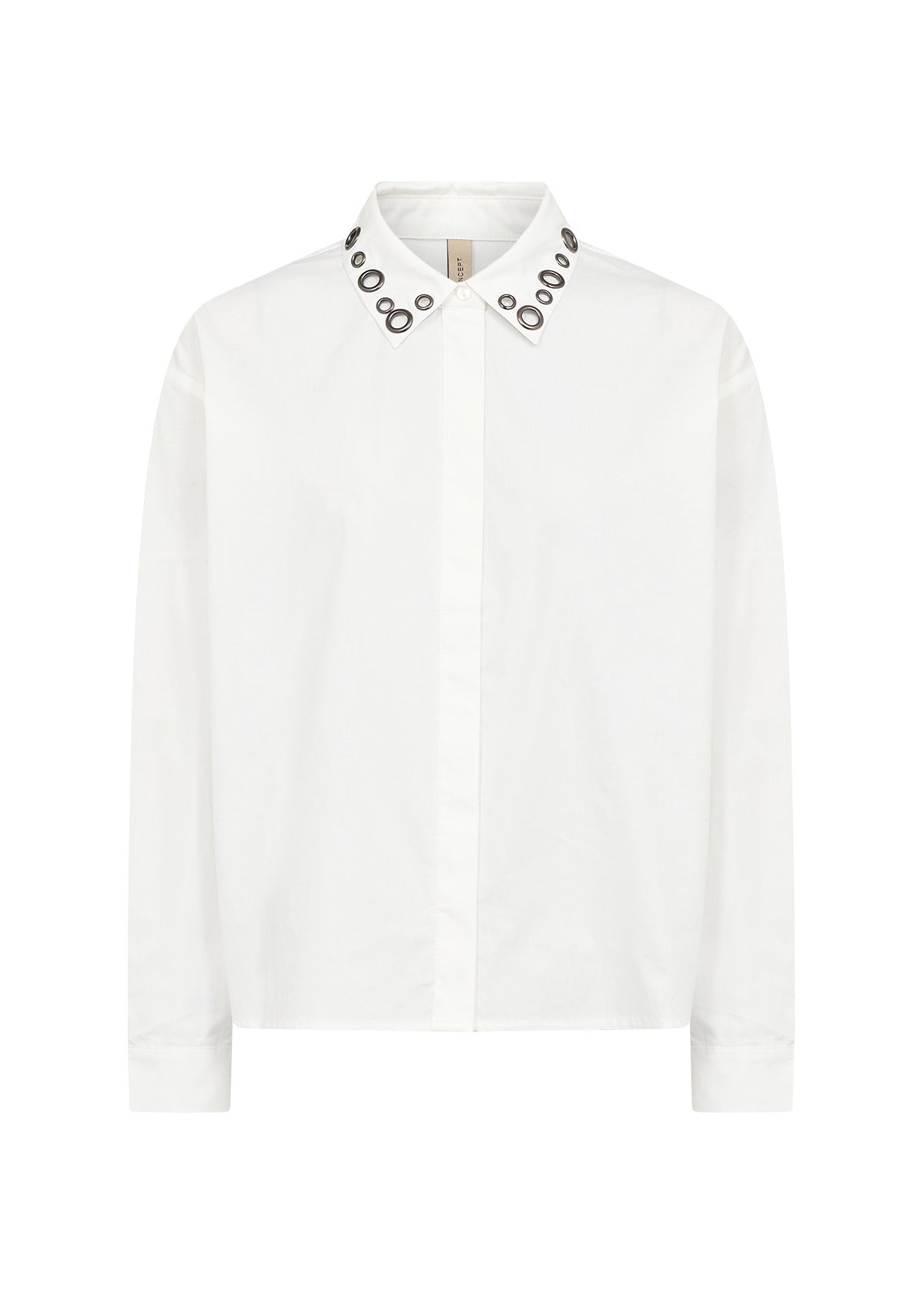 Gebroken witte blouse-front met knoopsluiting en sierknoopjes langs de kraag
