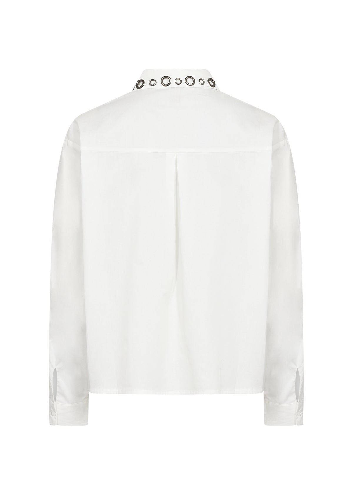 Gebroken witte blouse met ronde hals en sierknoopjes, achterkant op productfoto