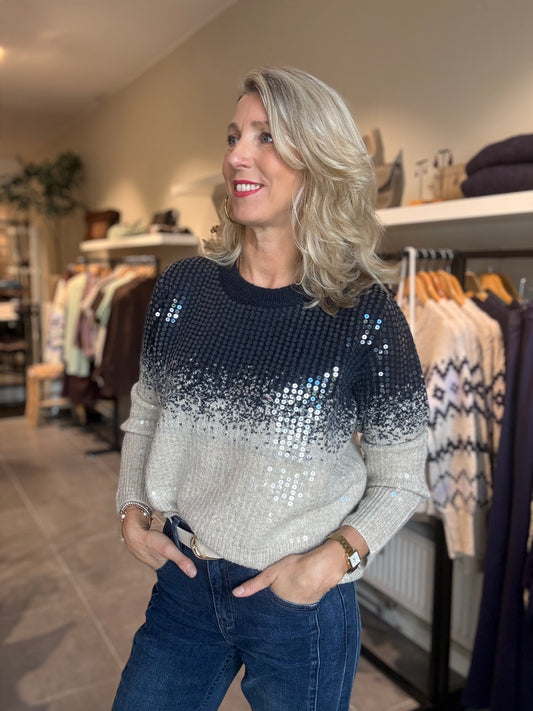Gebreide trui in donkerblauw met zandgrijze look en glanzende pailletten op borst