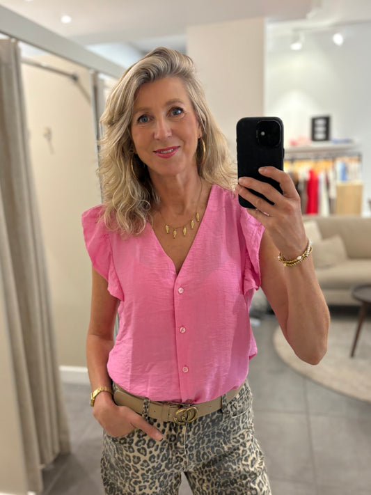 Roze HL blouse Cindi candy met V-hals en knopen, korte mouwen