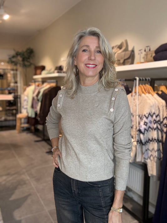 CS The Label trui in khaki met schouderknopen en lange mouwen, ronde hals