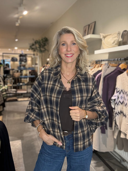 Savinni blouse Flanel ruit blauw/beige