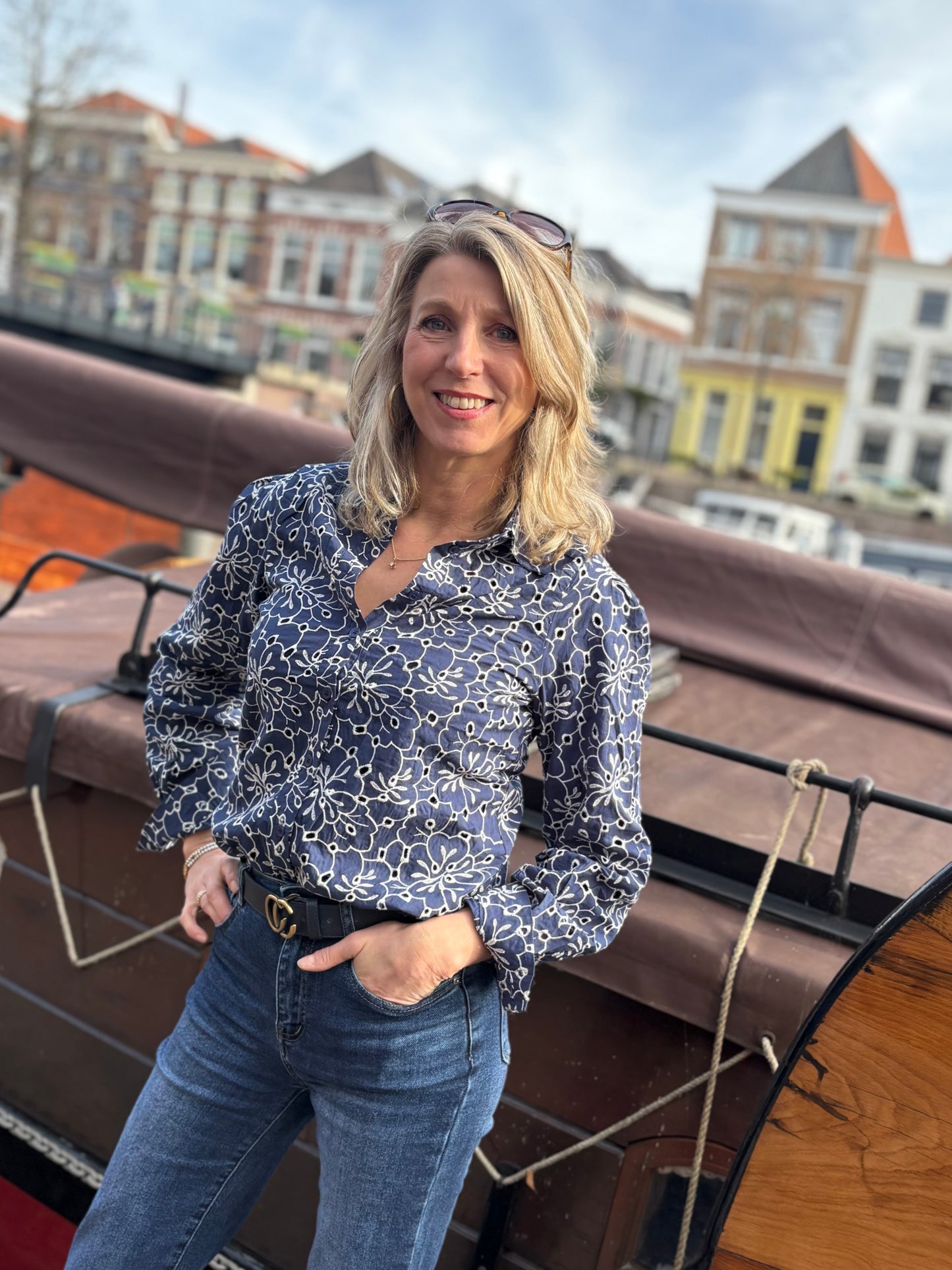 C&S blouse Louisa midnight blue/offwhite