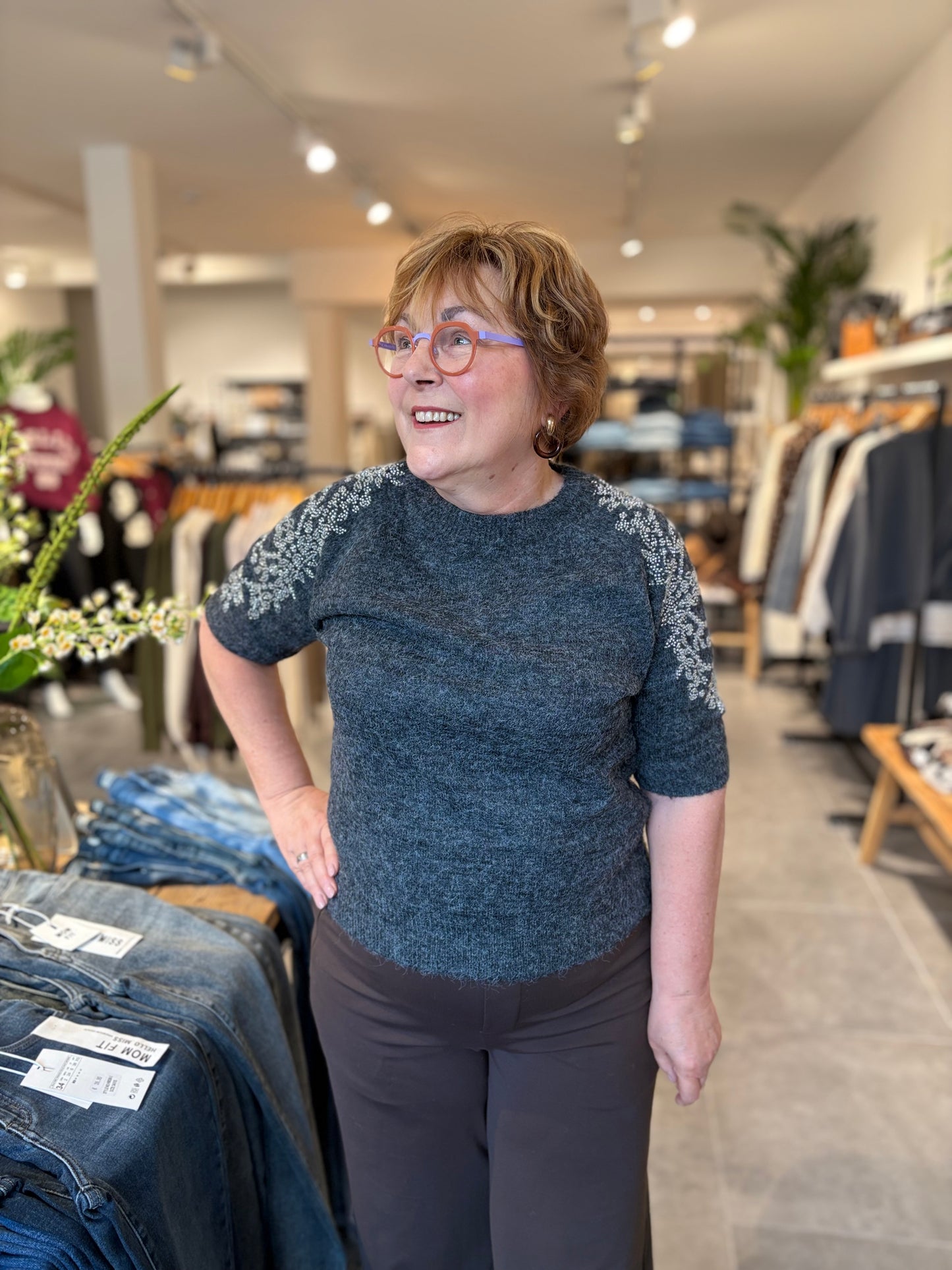 Moewy trui korte mouw/glitter grijs melange