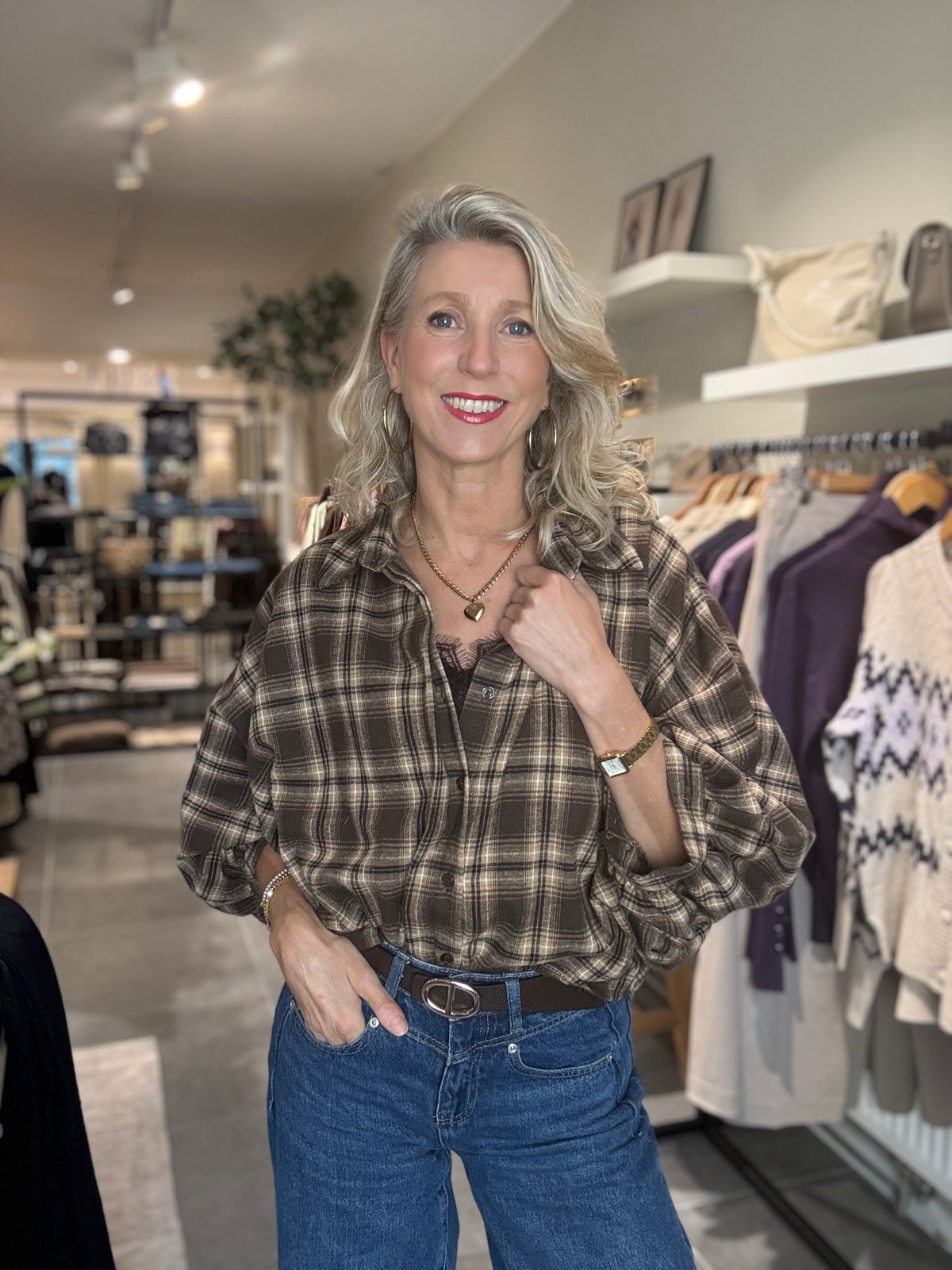 Savinni blouse Flanel ruit bruin/beige