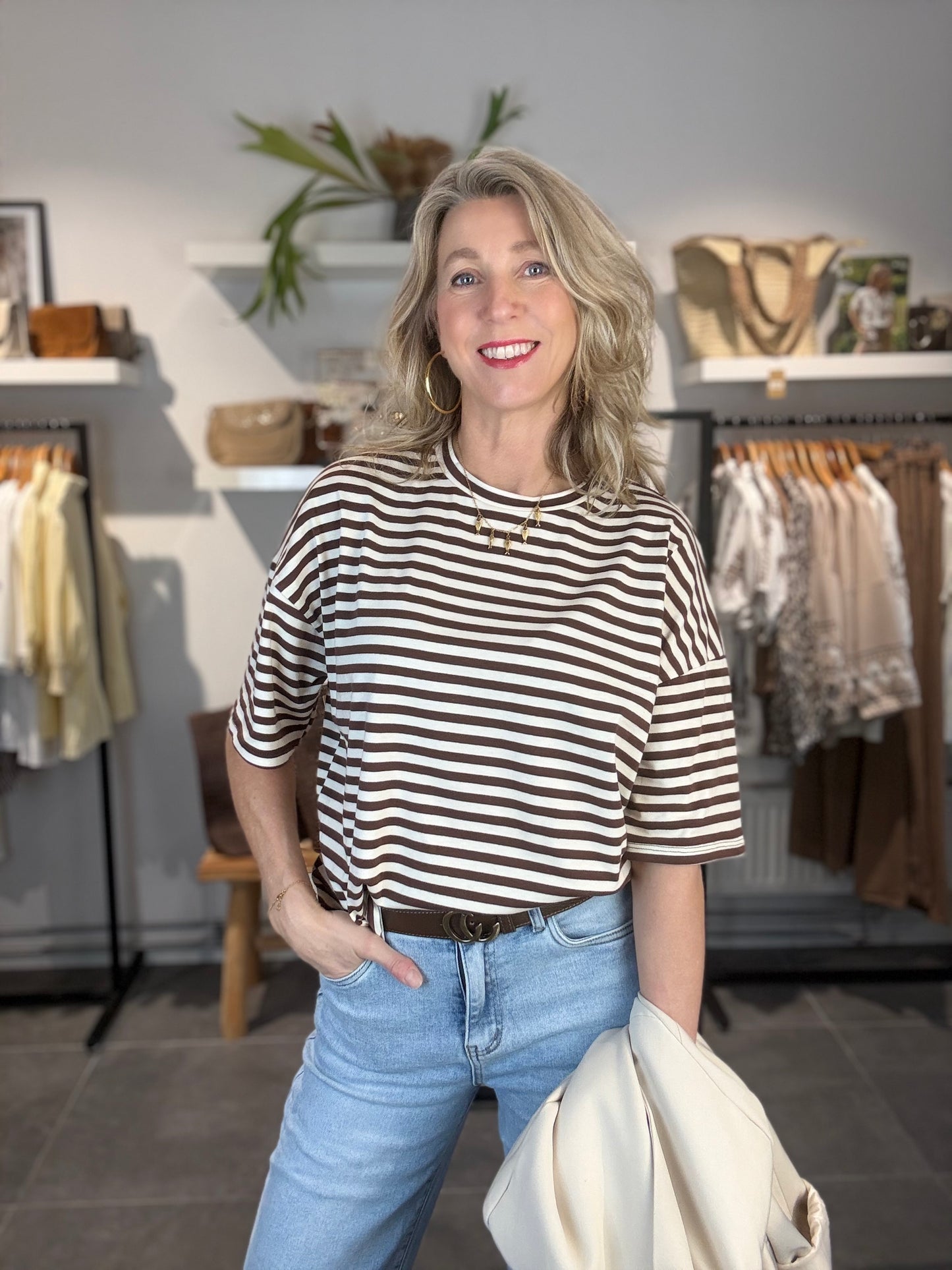 Eight Paris T-shirt streep bruin/lichtzand