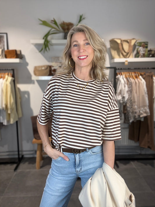 Eight Paris T-shirt streep bruin/lichtzand