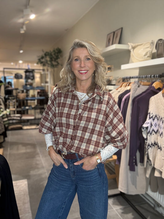 Savinni blouse Flanel ruit bordeaux/zand