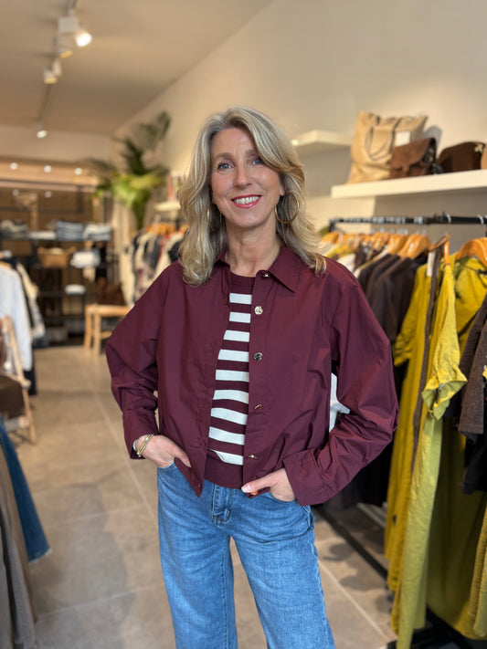 Trui met knoopsluiting, donkerrood, lange mouwen en opstaande kraag