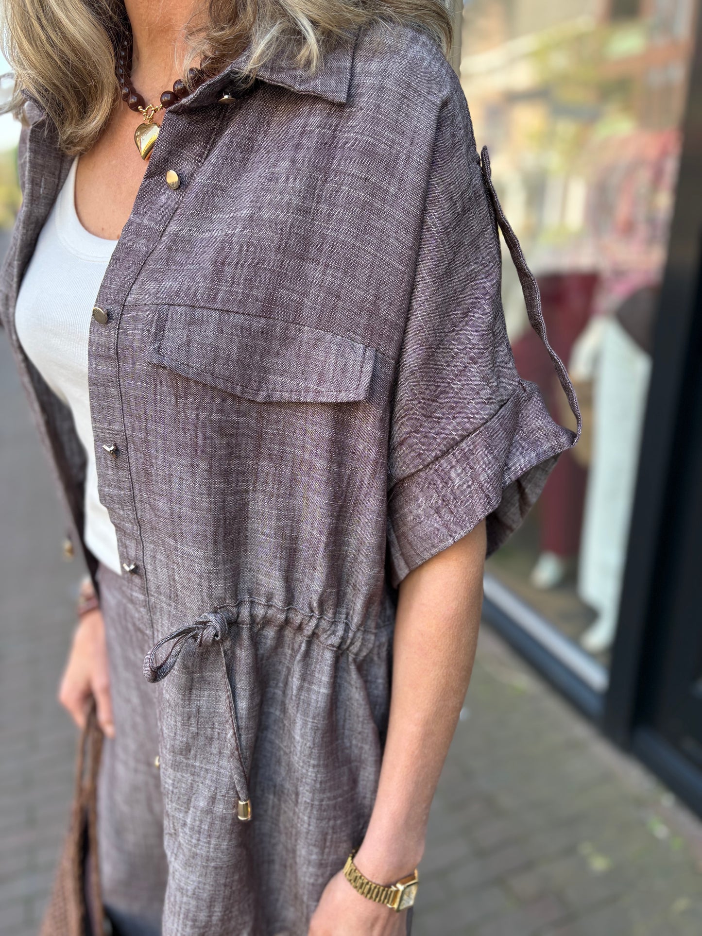 Bisous Project blousejas viscose/linnen mix bruin/wit melange