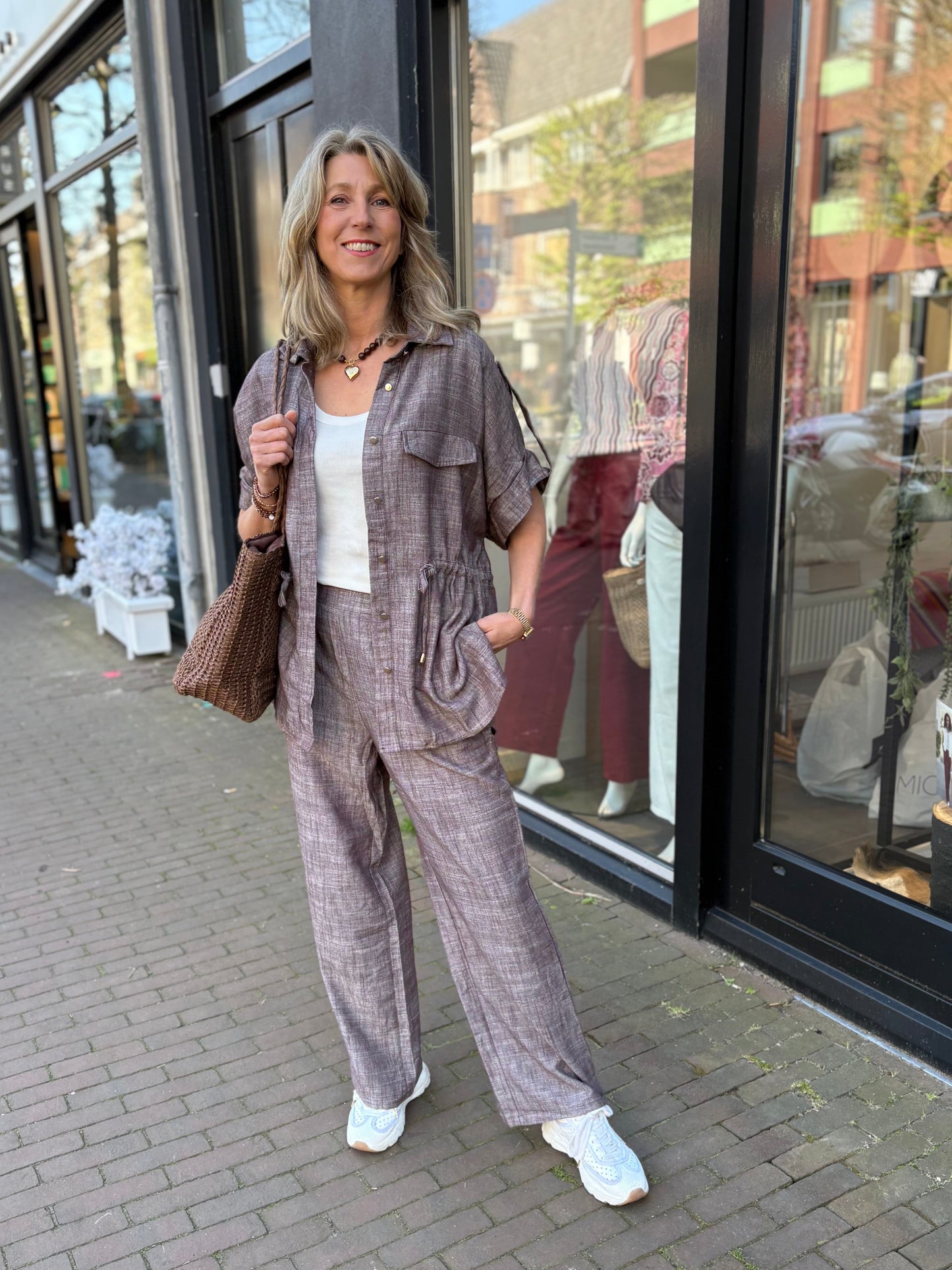 Bisous Project broek linnen/viscose mix bruin/wit melange