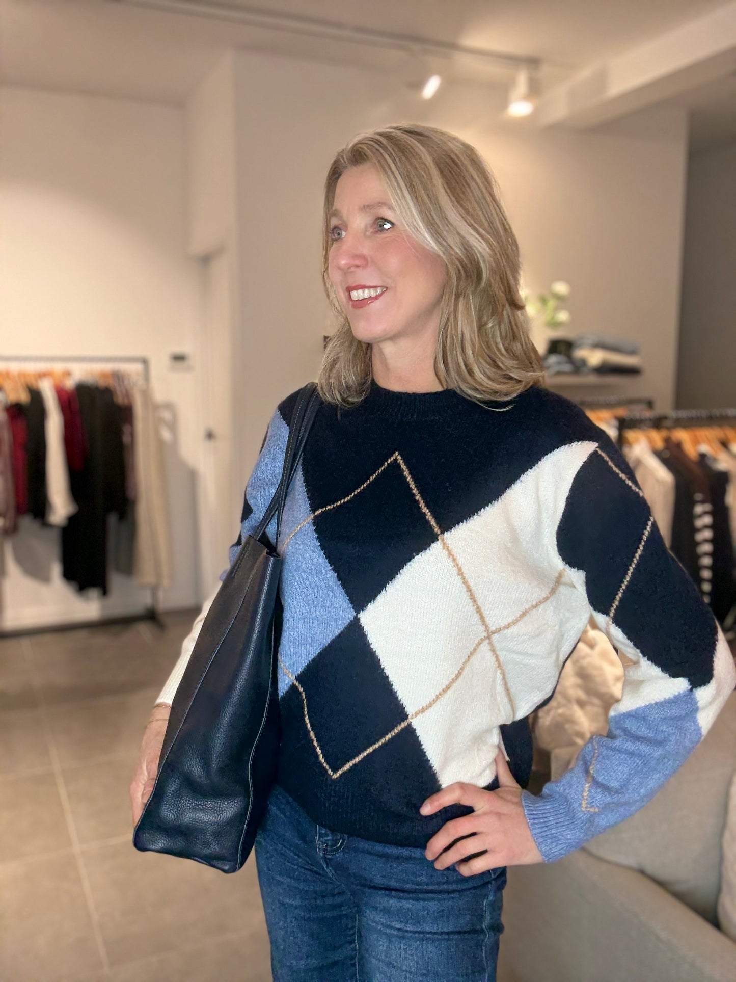 Flamant Rose trui ruit blauw/ecru