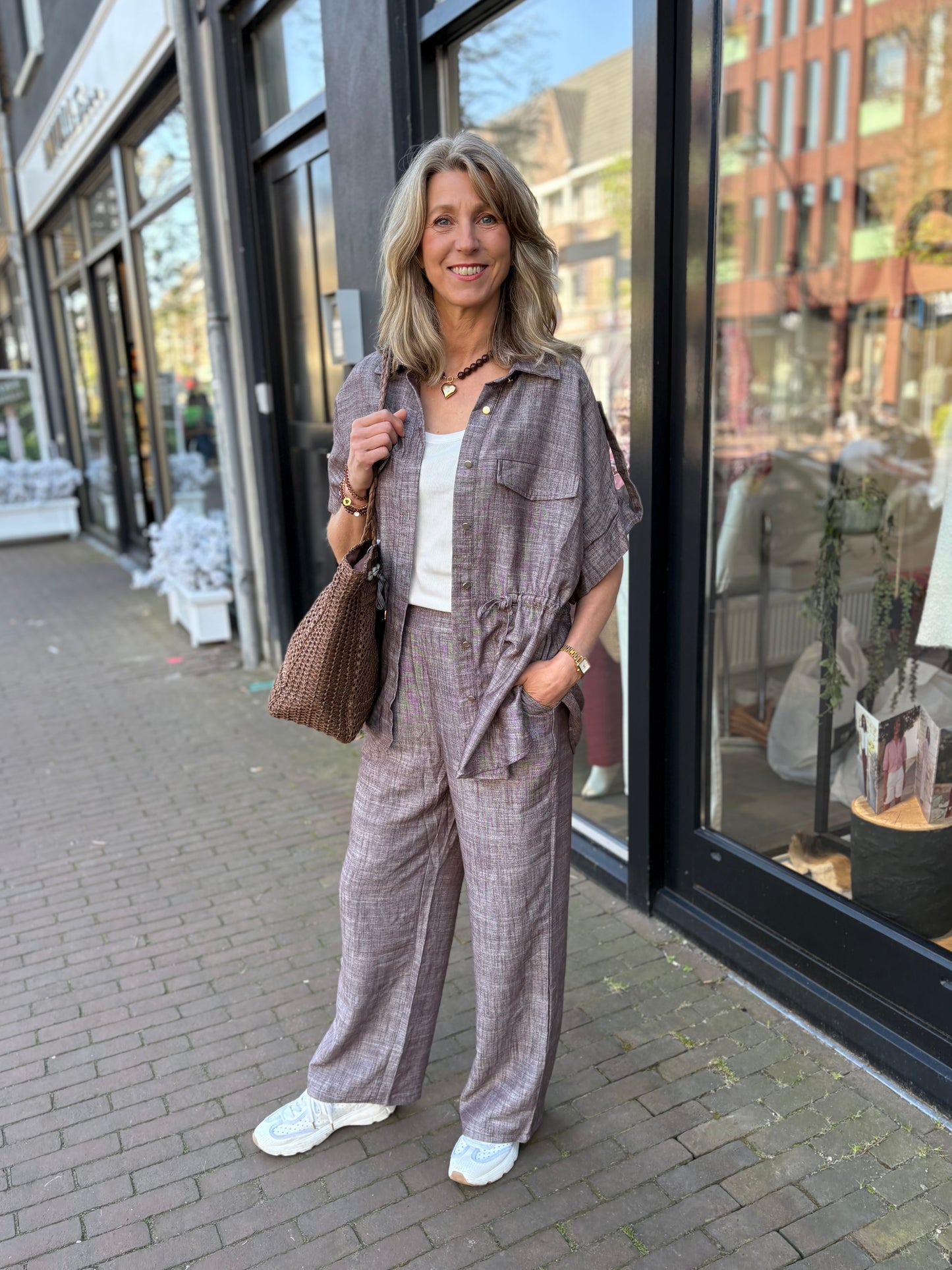 Bisous Project blousejas viscose/linnen mix bruin/wit melange