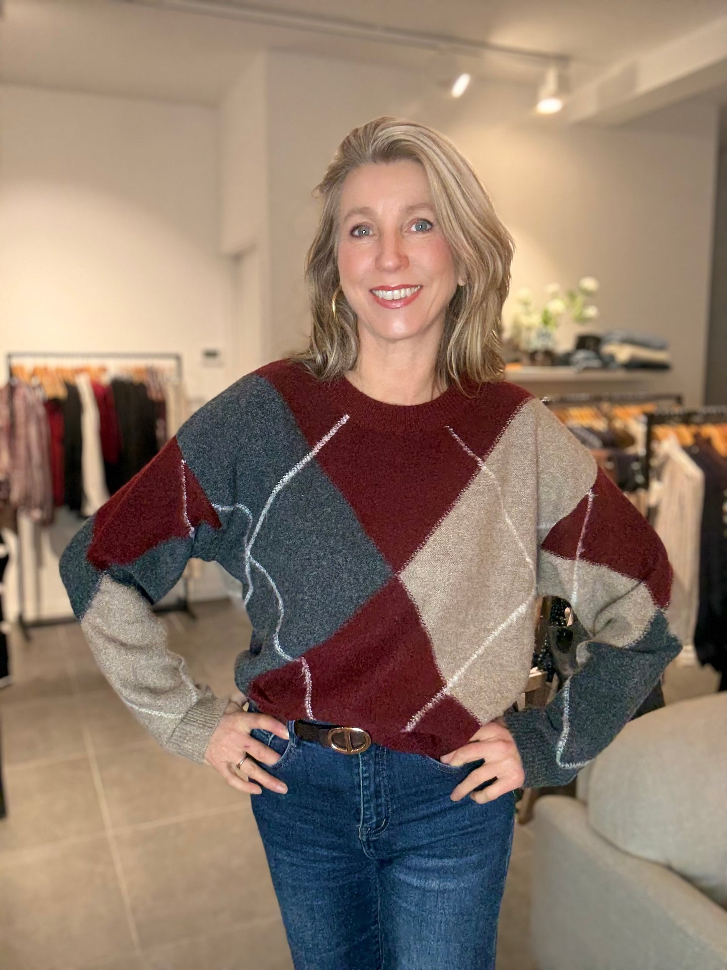 Exquiss's trui ruit bordeaux/grijs/beige