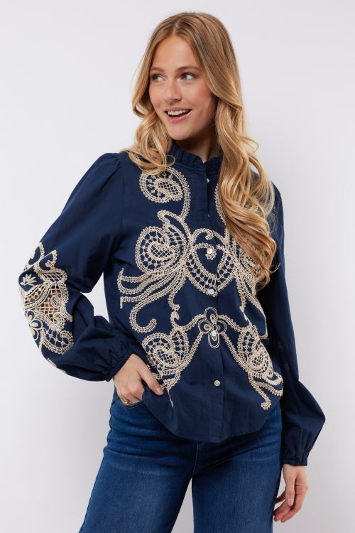 C&S blouse Lisanne midnight blue/sand