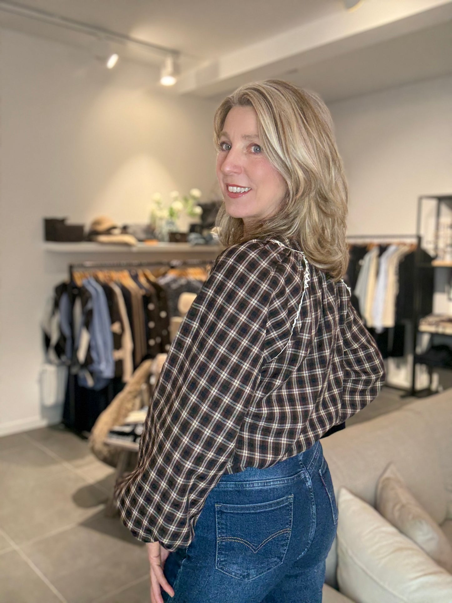 Milo's Paris blouse ruit bruin/zwart