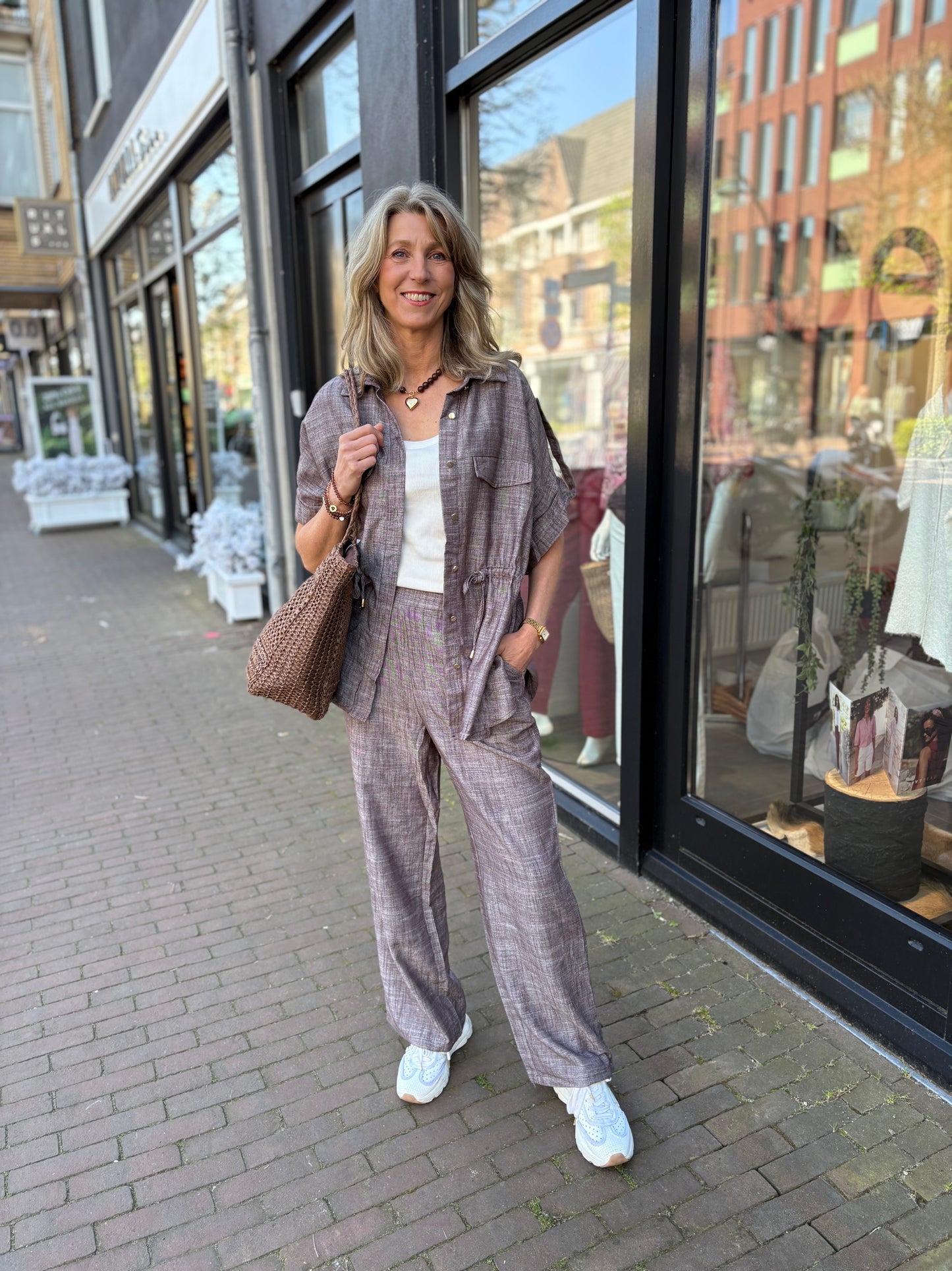Bisous Project broek linnen/viscose mix bruin/wit melange