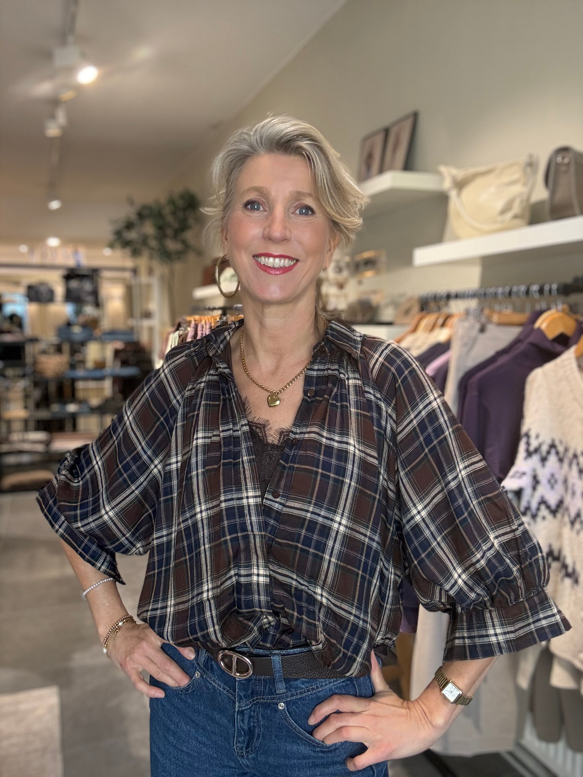 JS Millenium blouse ruit ballon bruin/blauw