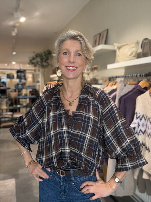 JS Millenium blouse ruit ballon bruin/blauw
