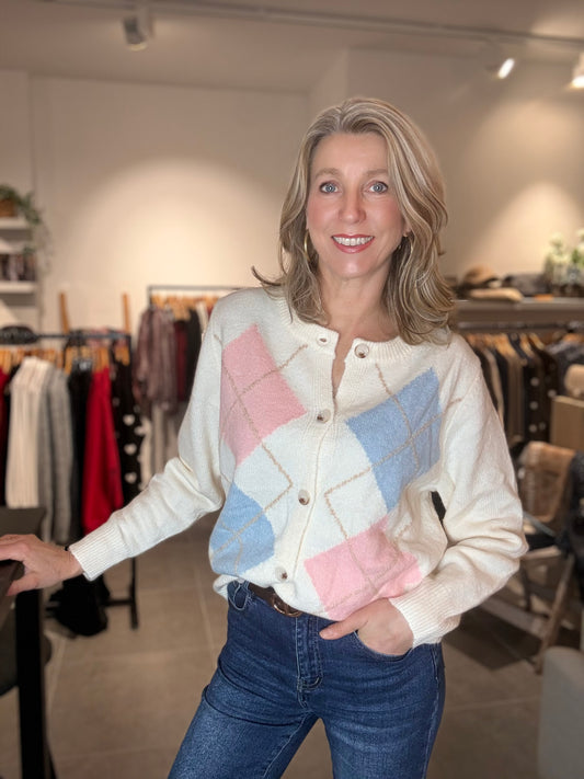 Moocci vest ruit ecru/roze/blauw