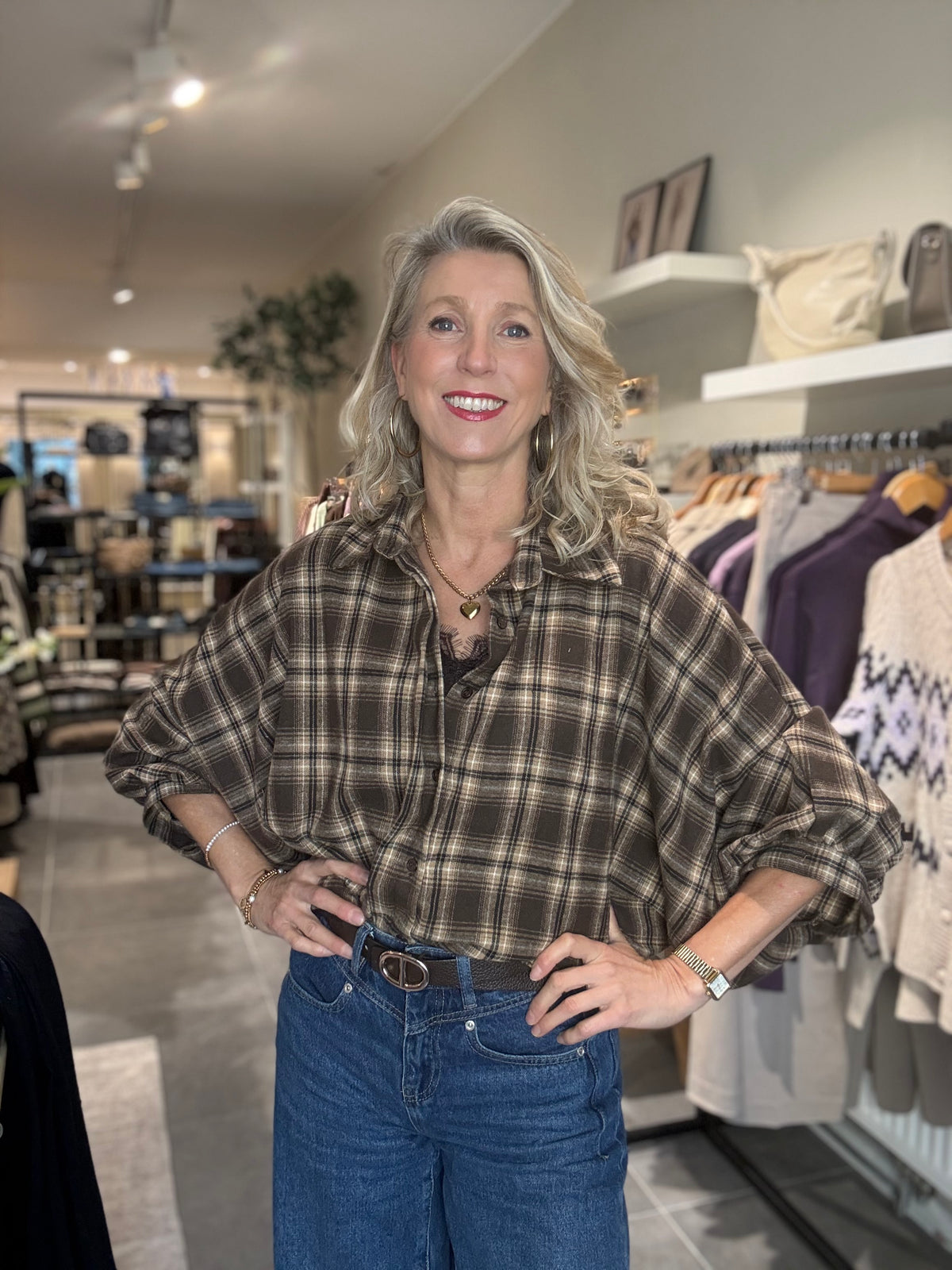 Savinni blouse Flanel ruit bruin/beige