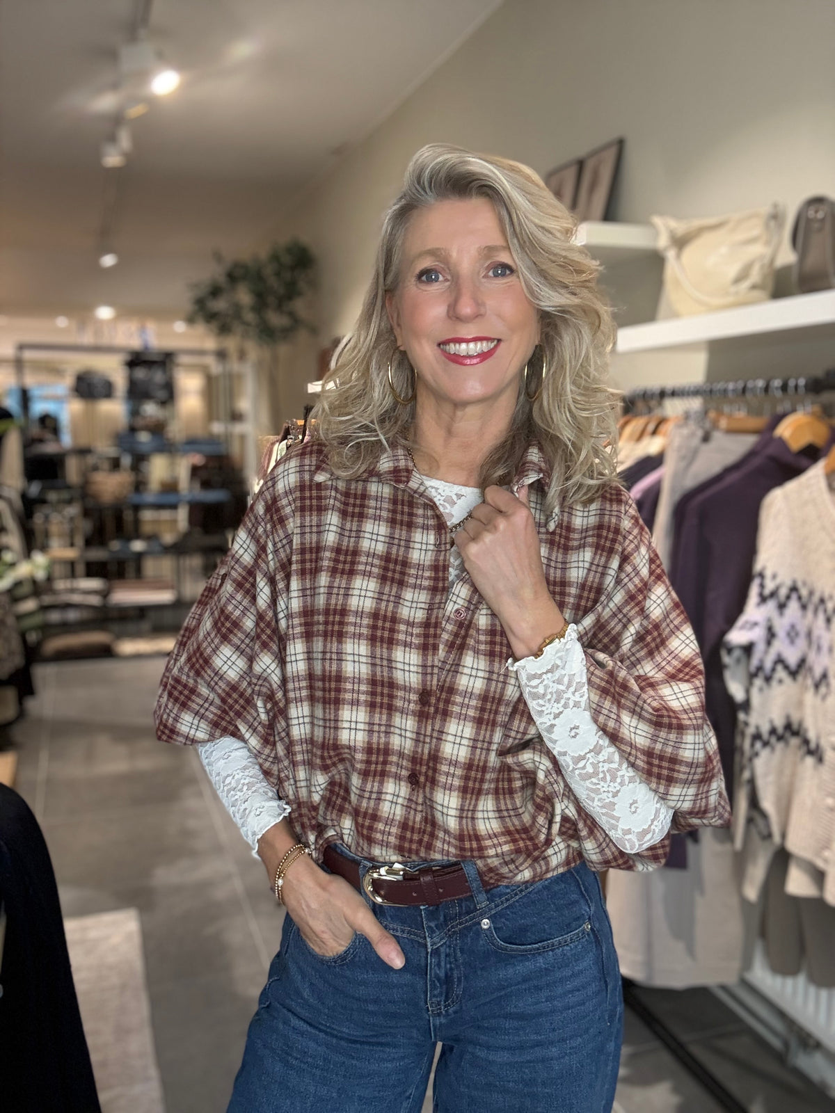 Savinni blouse Flanel ruit bordeaux/zand