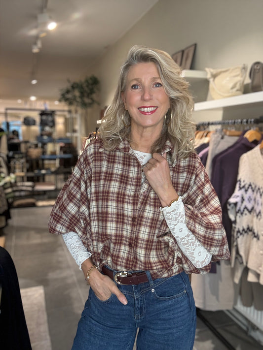 Savinni blouse Flanel ruit bordeaux/zand