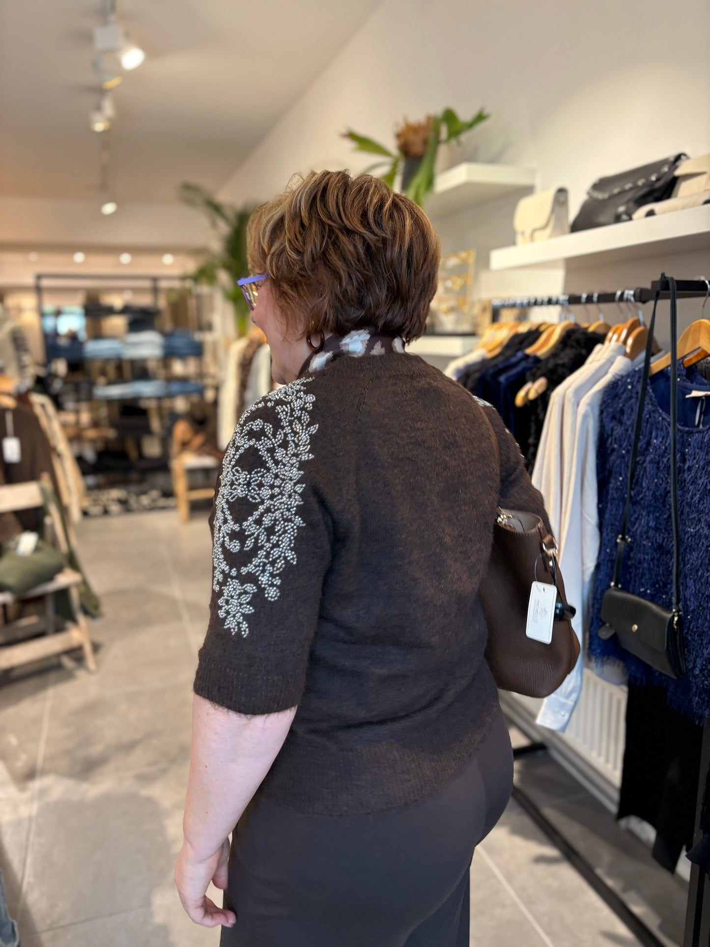 Moewy trui korte mouw/glitter bruin melange