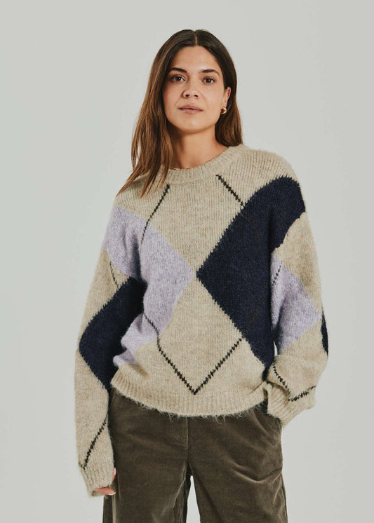 Freequent trui Lulu check oyster grey mel/iris mel