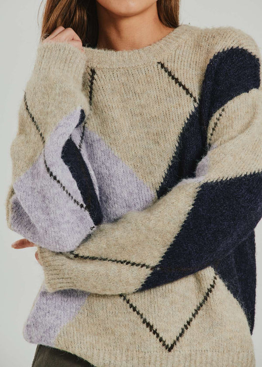 Freequent trui Lulu check oyster grey mel/iris mel